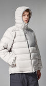 Off-white men’s puffer jacket three-quarter view, zip chest pocket