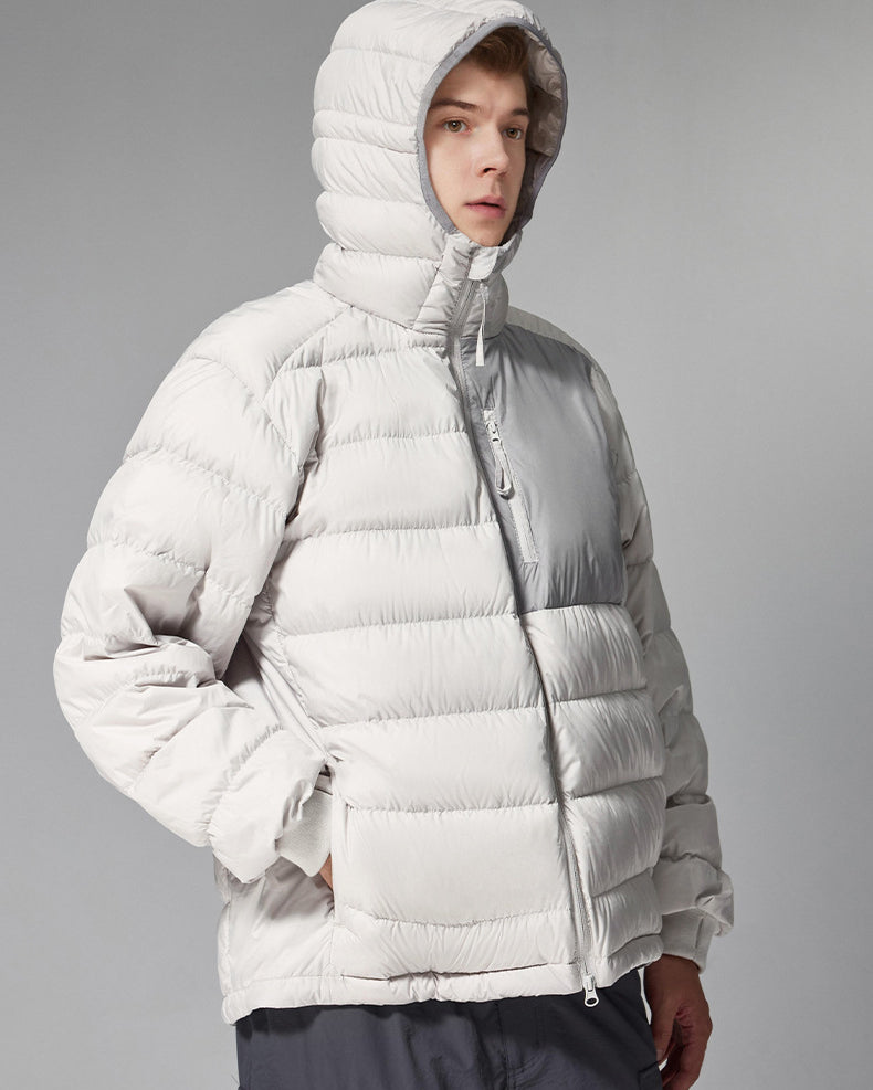 Off-white men’s puffer jacket three-quarter view, zip chest pocket