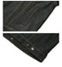 Close-up of dark indigo denim jacket welt pocket, contrast stitching, and decorative snap cuff