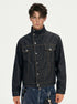 Men's stand collar dark indigo denim jacket shown buttoned in a front close-up