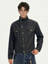 Front styling view of fitted dark indigo jacket with contrast seams and straight banded hem