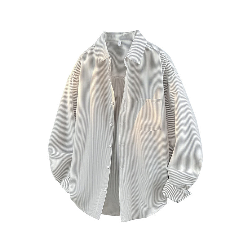 Front flat lay view of grey vertical pinstripe long sleeve casual button down shirt.