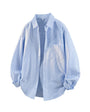 Front flat lay view of light blue vertical pinstripe long sleeve casual button down shirt.
