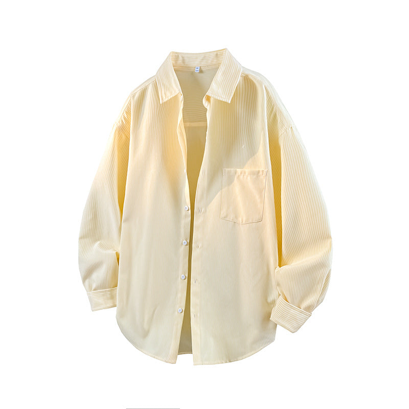 Front flat lay view of light yellow vertical pinstripe long sleeve casual button down shirt.