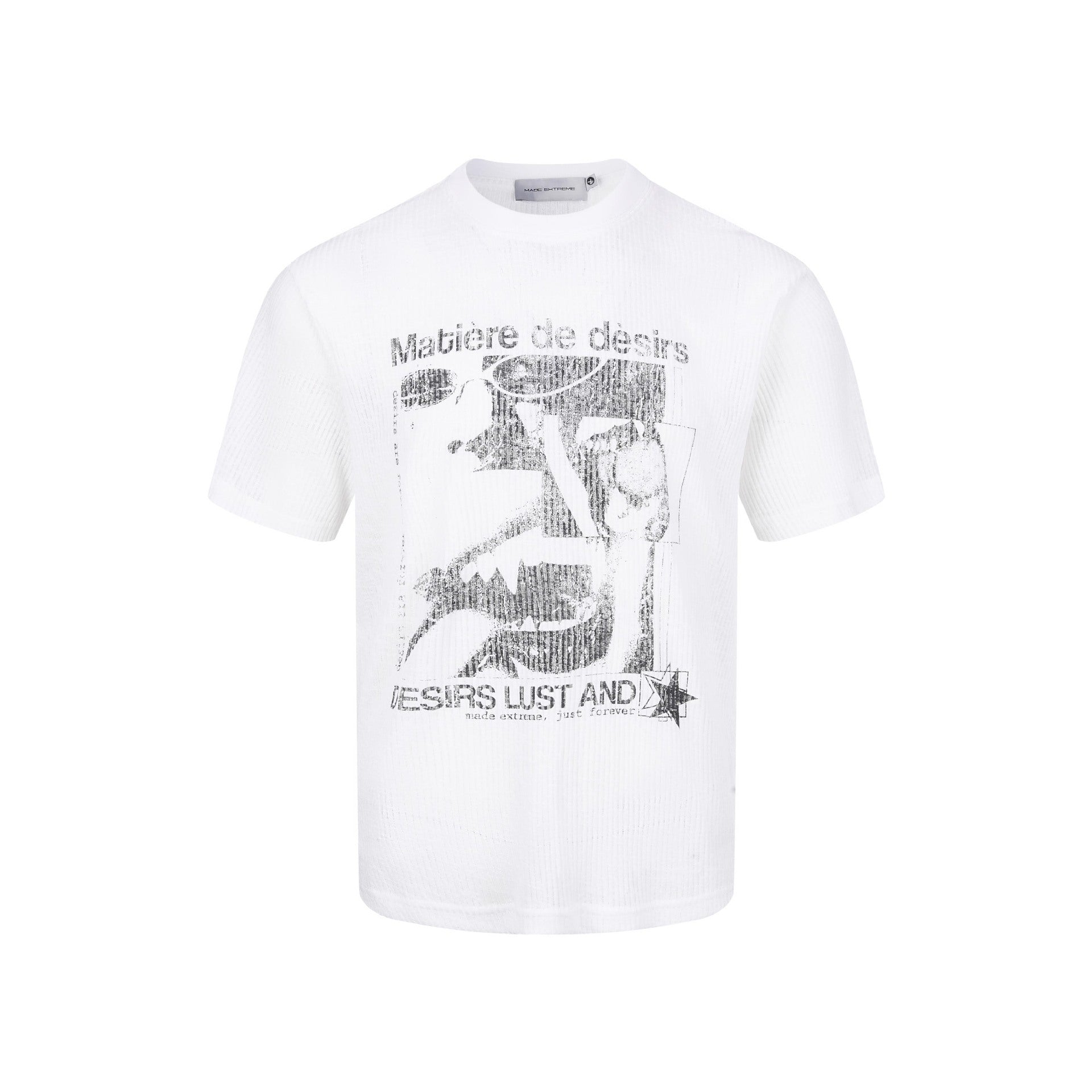 White crewneck graphic T-shirt isolated on white, showing the front collage print.