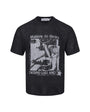 Black open-knit graphic T-shirt isolated on white, showing the semi-sheer texture.