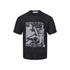 Black open-knit graphic T-shirt isolated on white, showing the semi-sheer texture.