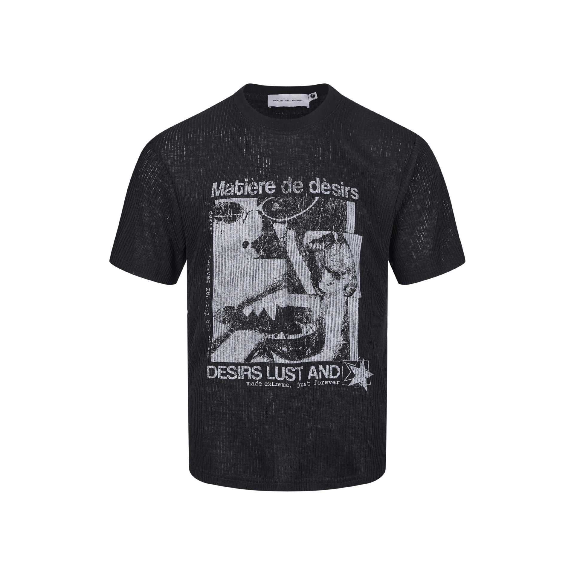Black open-knit graphic T-shirt isolated on white, showing the semi-sheer texture.