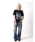 Black open-knit graphic tee worn front-facing with blue wide-leg jeans. | 