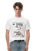 Close view of white crewneck T-shirt with distressed monochrome collage print.