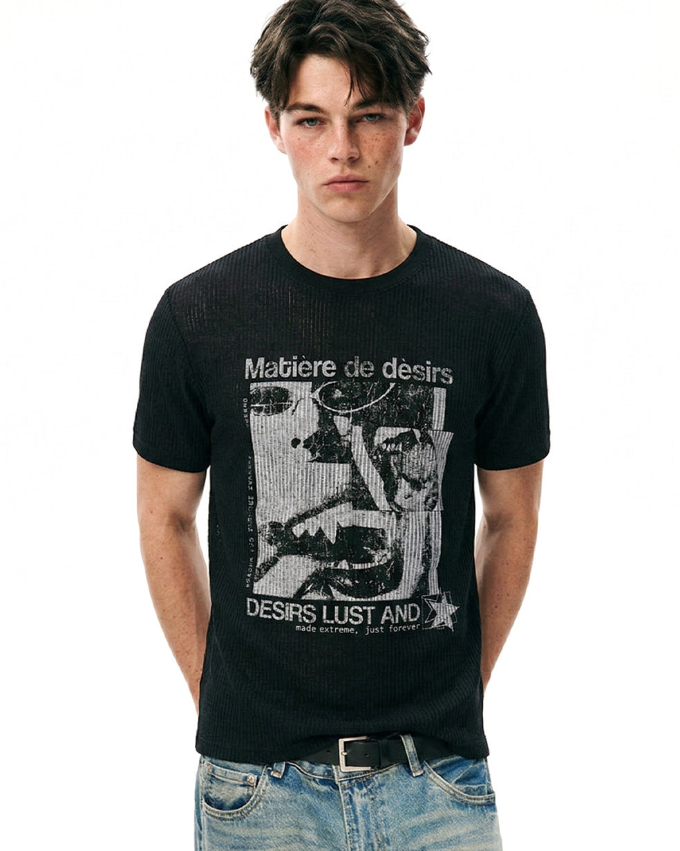 Black fitted graphic T-shirt showing semi-sheer ribbed texture and short sleeves.