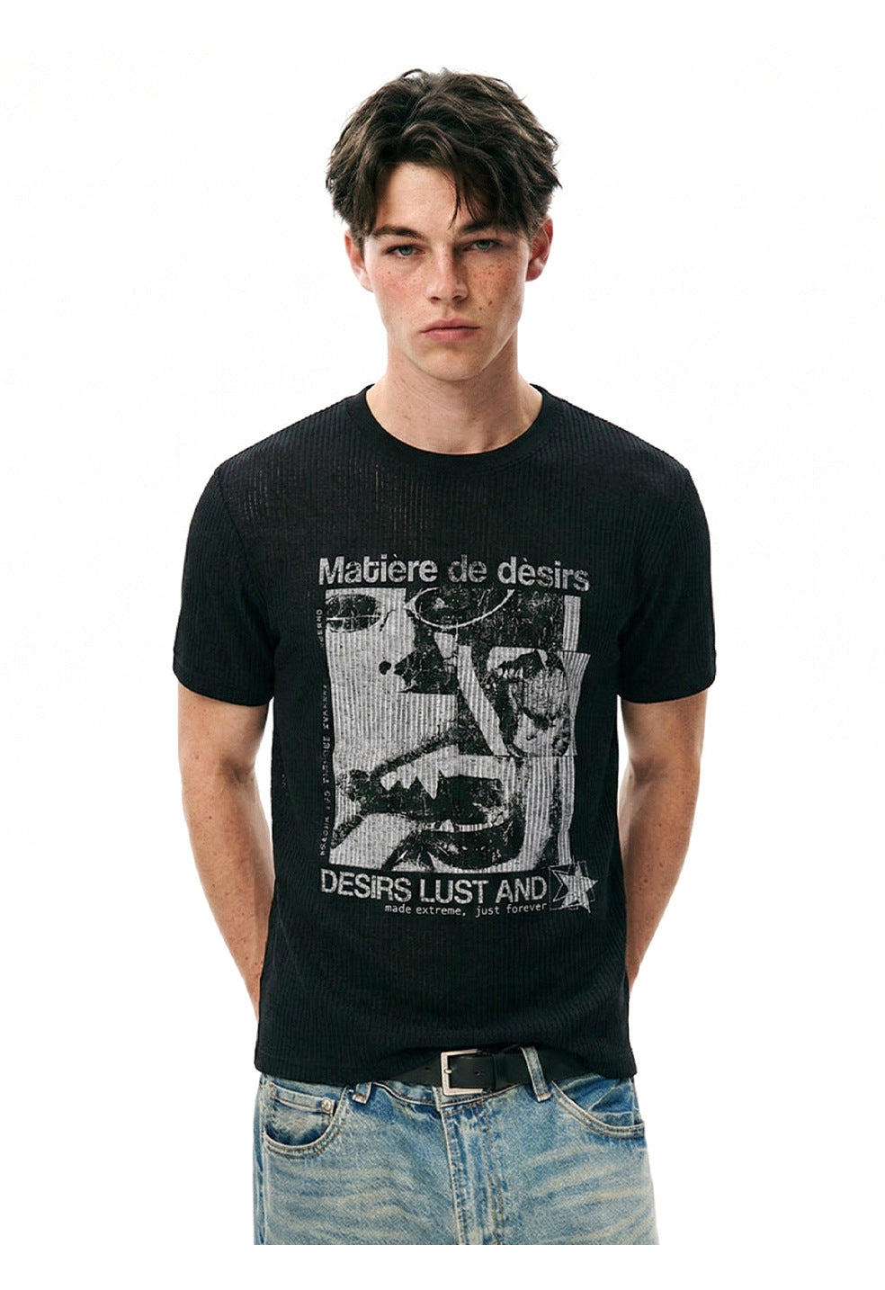 Black fitted graphic T-shirt showing semi-sheer ribbed texture and short sleeves.