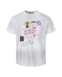 Front view studio shot of an off-white textured waffle knit graphic t-shirt on a white background.