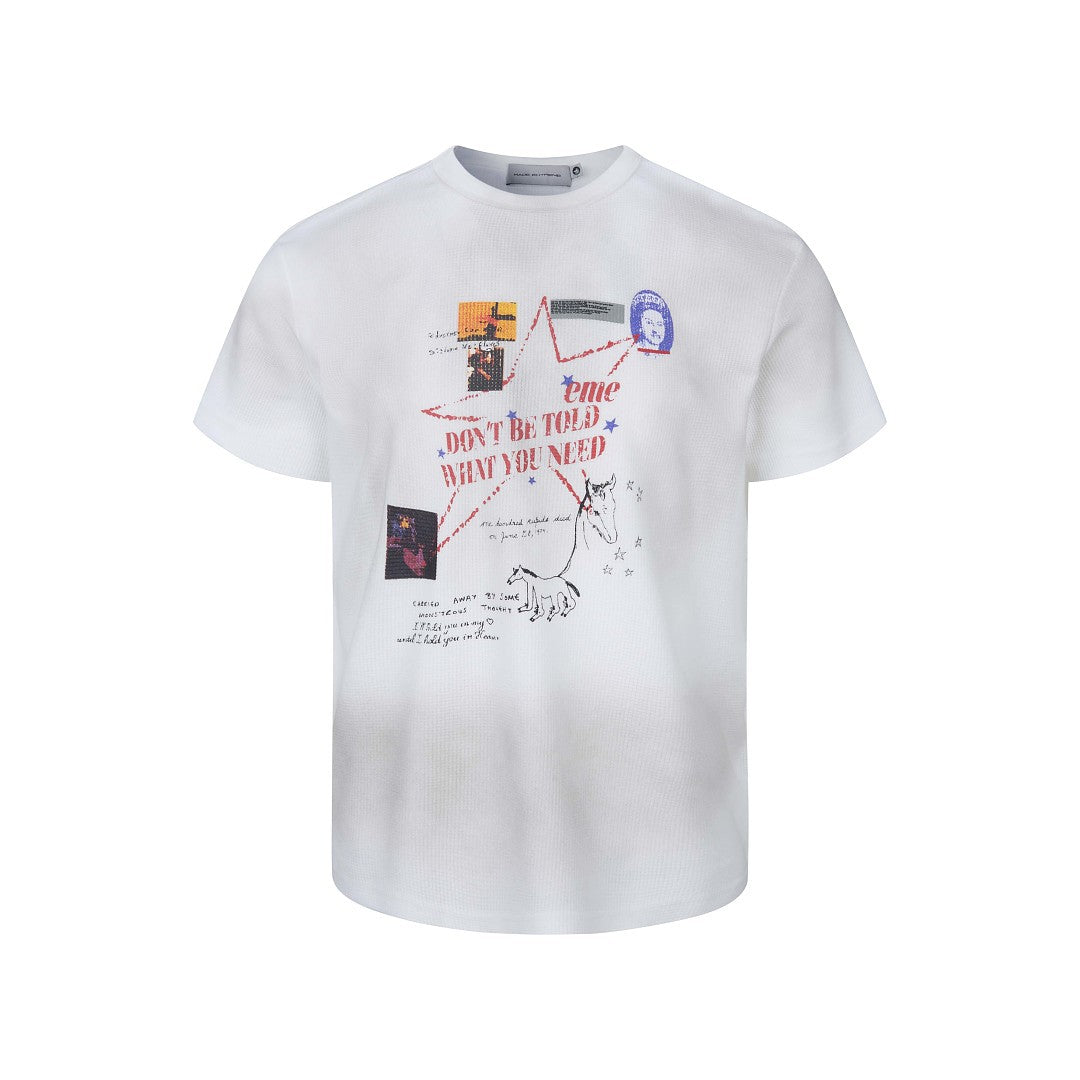Front view studio shot of an off-white textured waffle knit graphic t-shirt on a white background.
