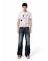 Front full length view of model wearing an off-white short sleeve waffle knit graphic tee.