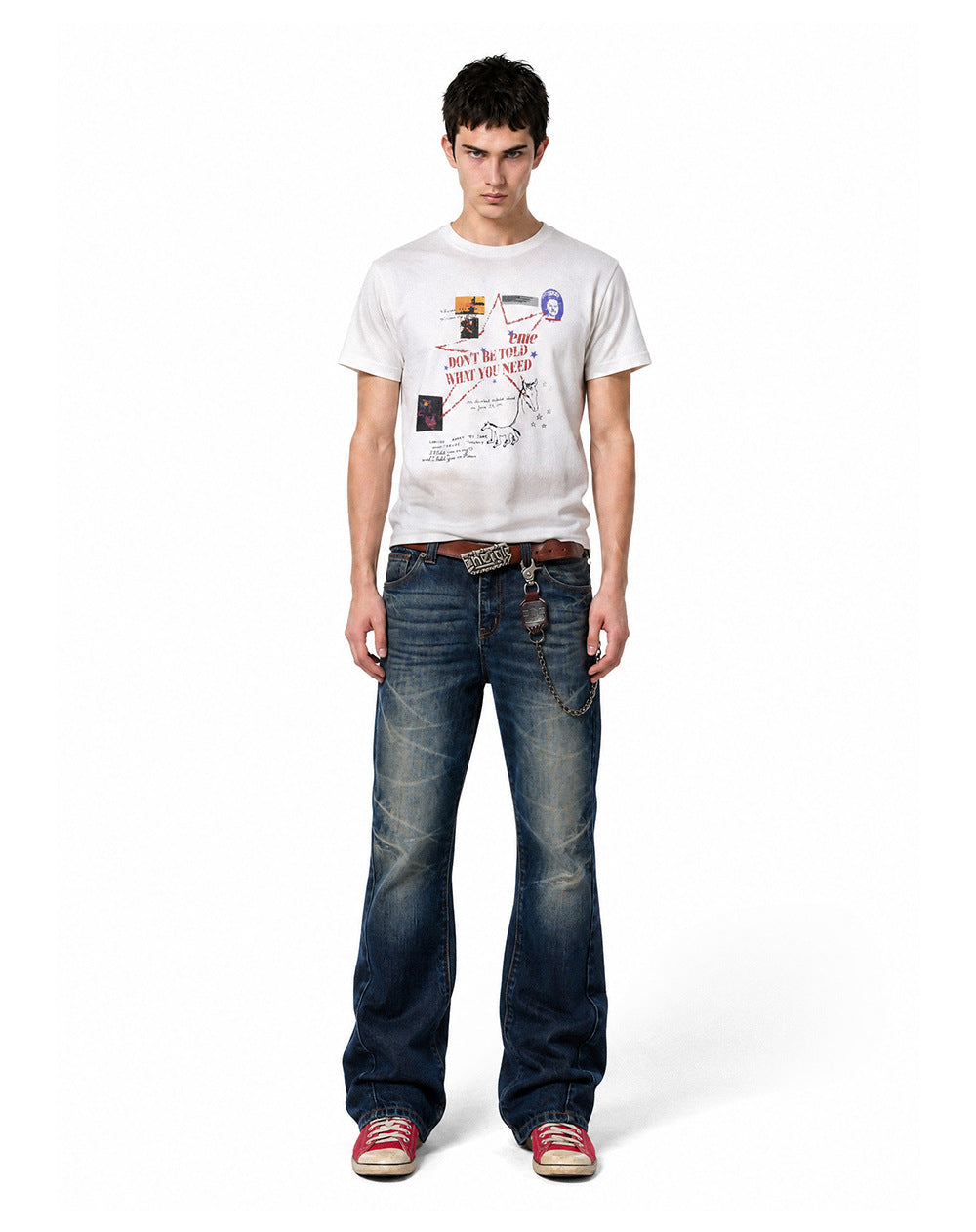 Front full length view of model wearing an off-white short sleeve waffle knit graphic tee.