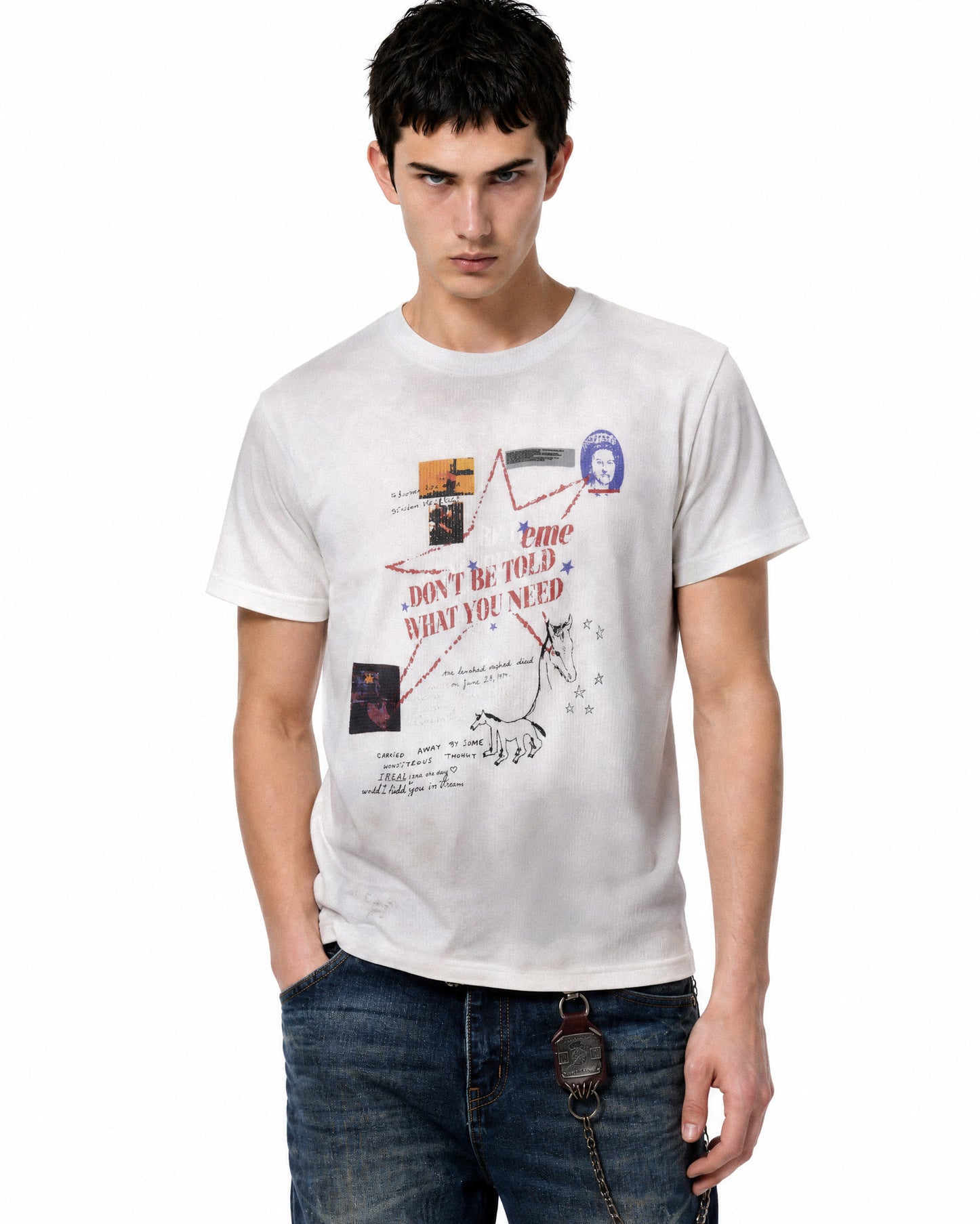 Close-up front view of model wearing an off-white waffle knit graphic t-shirt with vintage print.