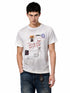 Close-up front view of model wearing an off-white waffle knit graphic t-shirt with vintage print.