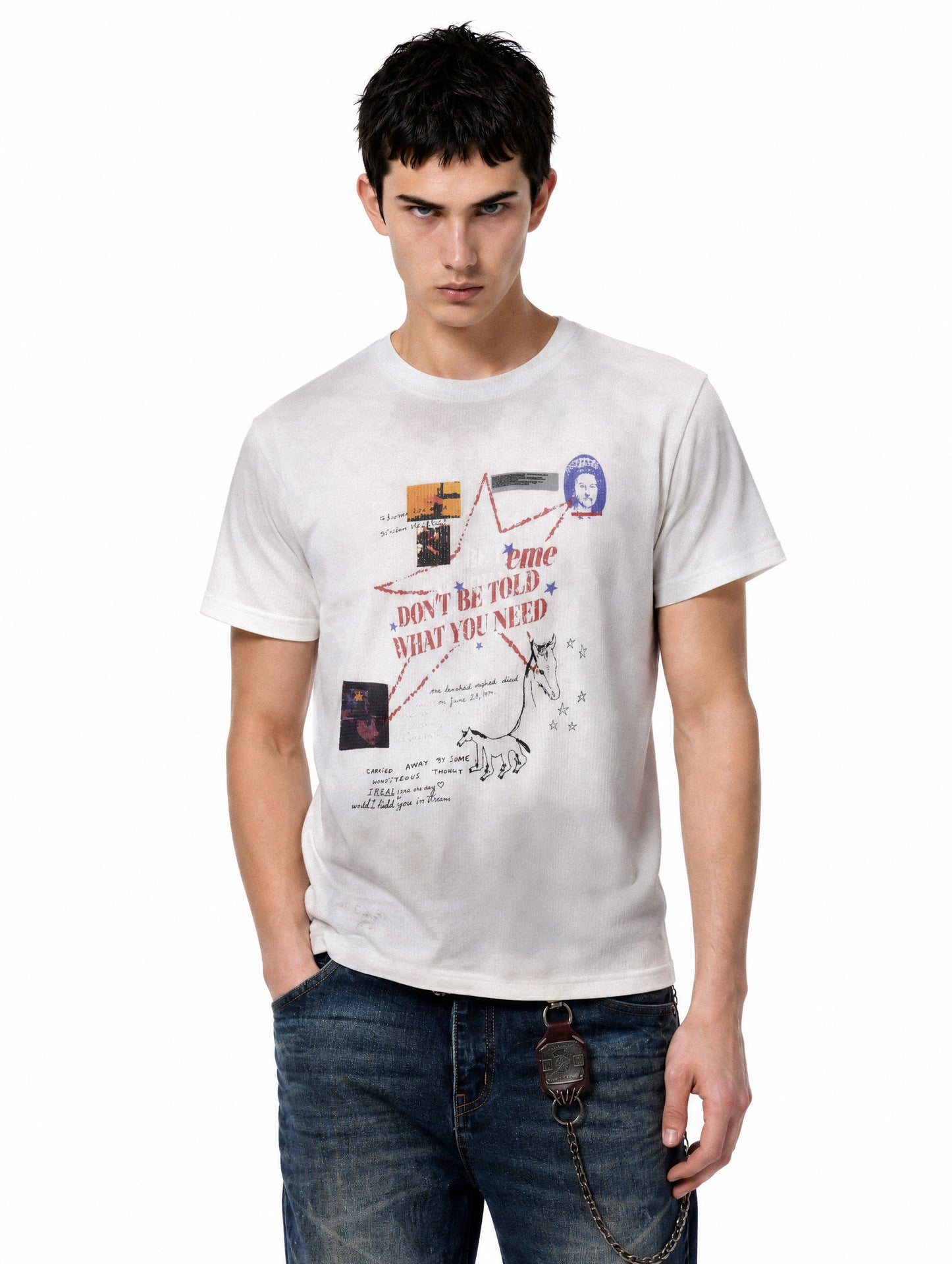 Close-up front view of model wearing an off-white waffle knit graphic t-shirt with vintage print.