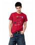 Medium front view of model wearing a red short-sleeve waffle knit graphic tee with blue jeans.