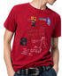 Close-up view of model wearing a red textured waffle knit t-shirt with star collage chest print.