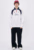 Men’s white embroidered long sleeve t-shirt with polo collar and relaxed fit