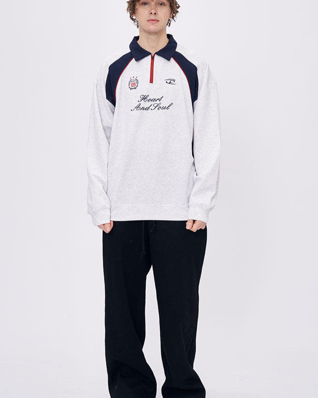 Men’s white embroidered long sleeve t-shirt with polo collar and relaxed fit