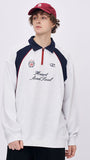 Men’s white embroidered polo collar long sleeve t-shirt with oversized streetwear look