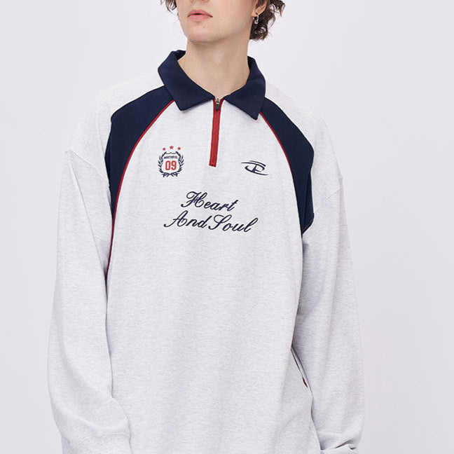 Men’s white embroidered polo collar long sleeve t-shirt with oversized streetwear look