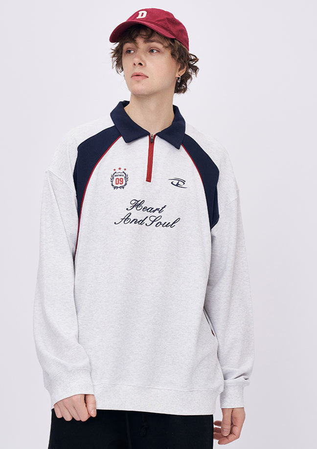 Men’s white embroidered polo collar long sleeve t-shirt with oversized streetwear look