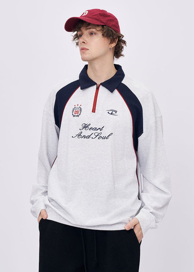Men’s white polo collar embroidered long sleeve t-shirt with streetwear fit