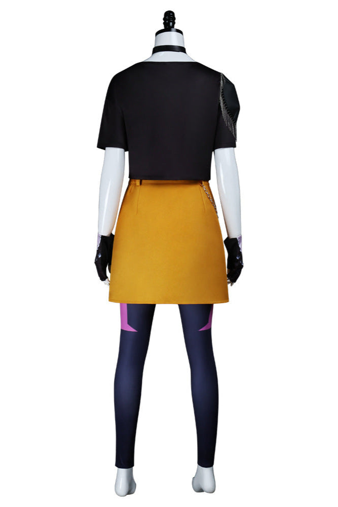 mira cosplay costume back view full outfit with yellow skirt and printed leggings