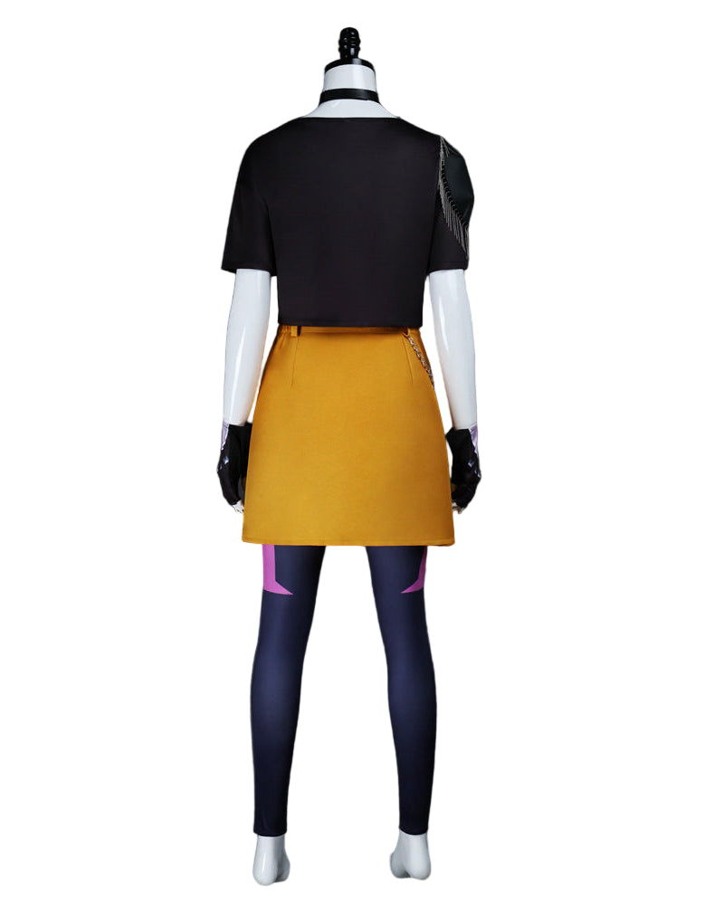 mira cosplay costume kpop outfit back view yellow skirt and black top