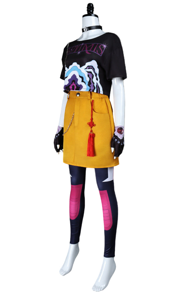 mira cosplay costume kpop outfit side view showing yellow skirt and accessories