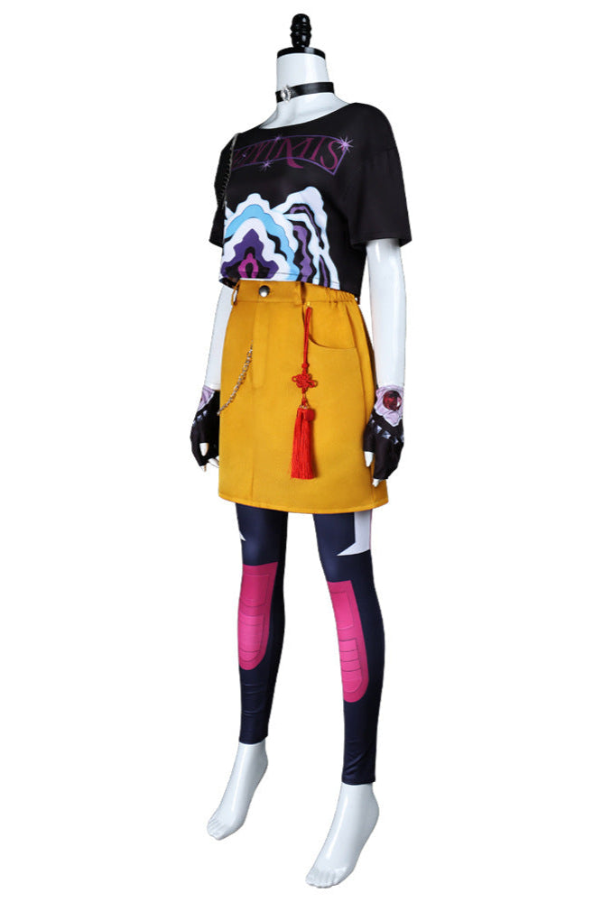 mira cosplay kpop outfit front angle black printed top yellow skirt and gloves