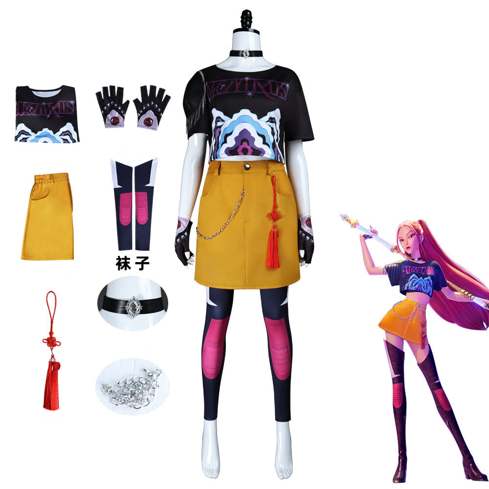 mira cosplay costume kpop idol outfit black top yellow skirt with gloves leggings and choker