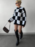 streetwear outfit featuring checkered mock neck sweater and knee boots