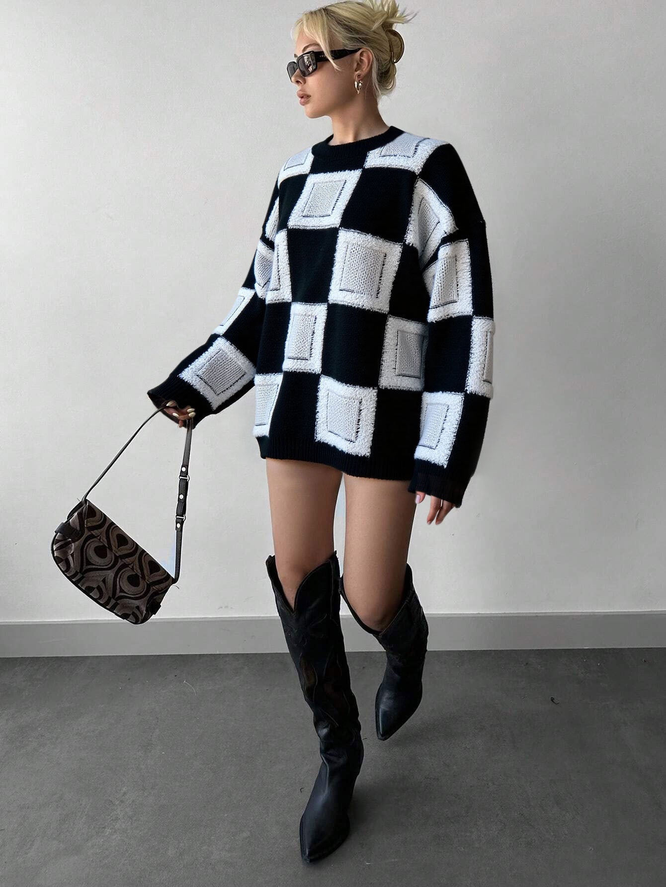 streetwear outfit featuring checkered mock neck sweater and knee boots