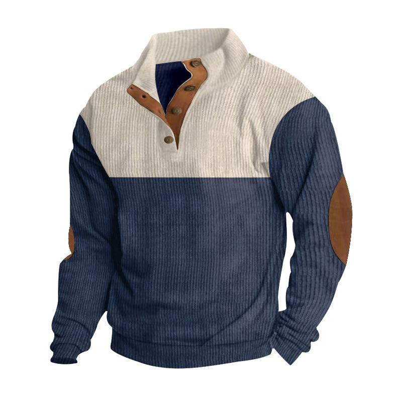 navy and beige corduroy button sweatshirt for men with patches