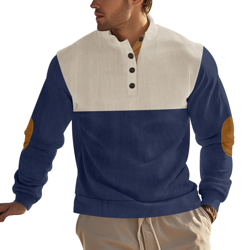 navy and beige corduroy button sweatshirt for men angled front view