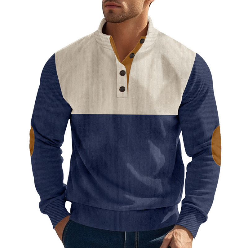 navy and beige corduroy button sweatshirt for men front  look