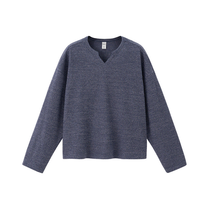 Navy Blue V-neck long sleeve t-shirt loose fit minimalist style