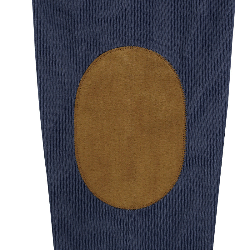 navy elbow patch close-up on corduroy button sweatshirt for men
