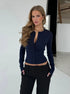 Navy knit cardigan sweater front view with long sleeves