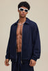 Navy collared zip sweatshirt, side view with rib cuffs