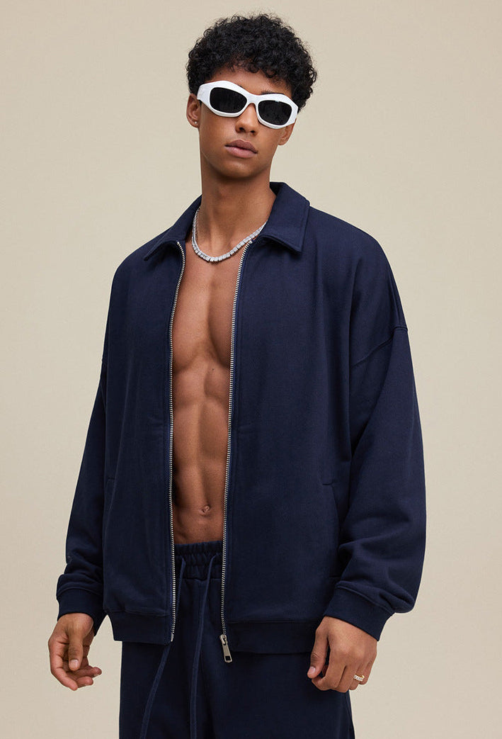 Navy collared zip sweatshirt, side view with rib cuffs