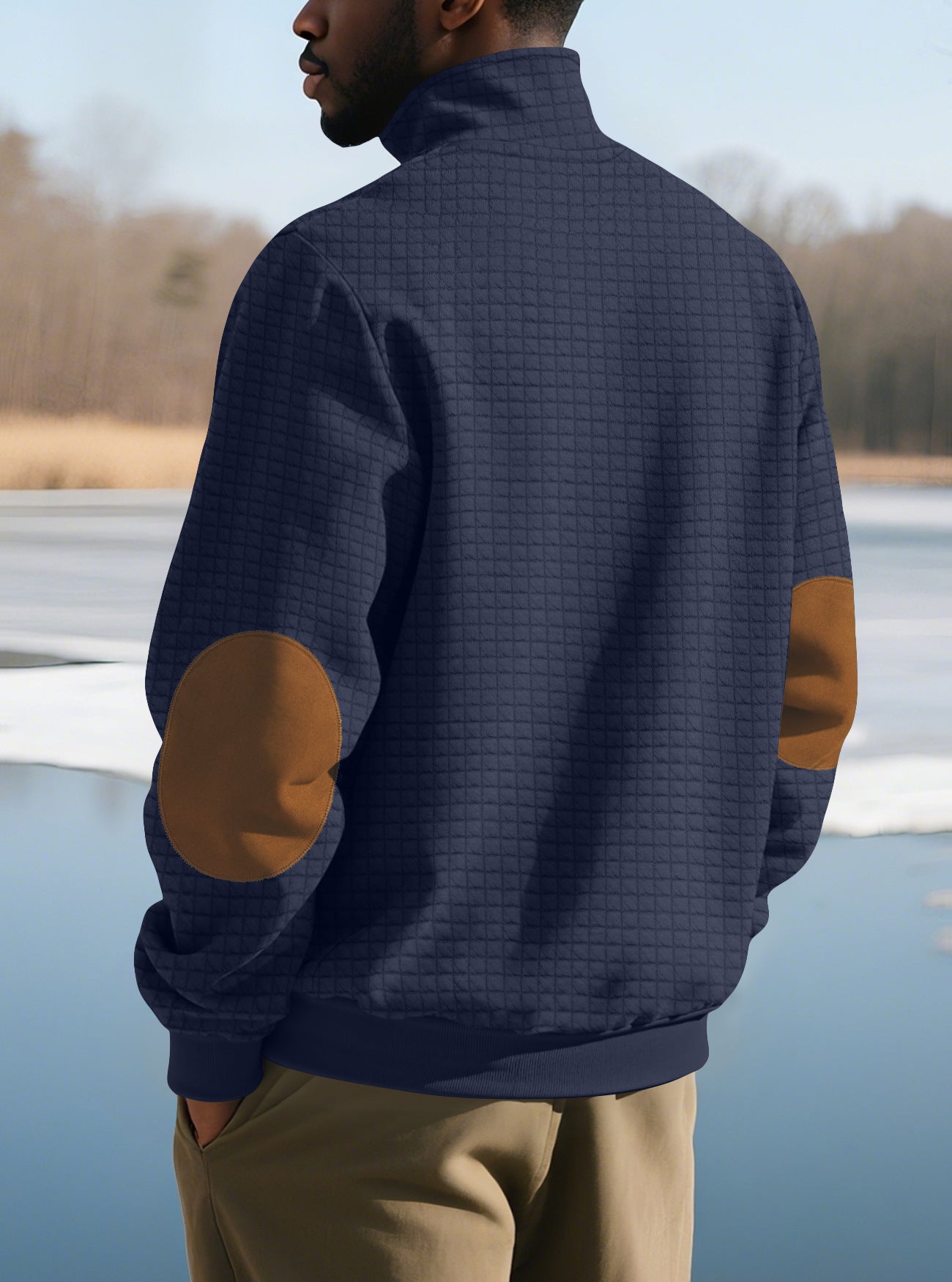 navy sweatshirt with zip for men back outdoor view