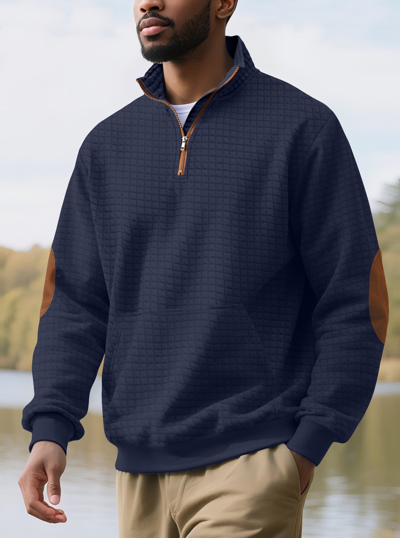 navy sweatshirt with zip for men front outdoor view