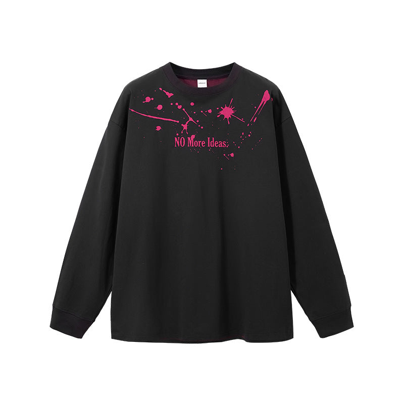 Black "NO More Ideas" long sleeve graphic tee with blue print front view