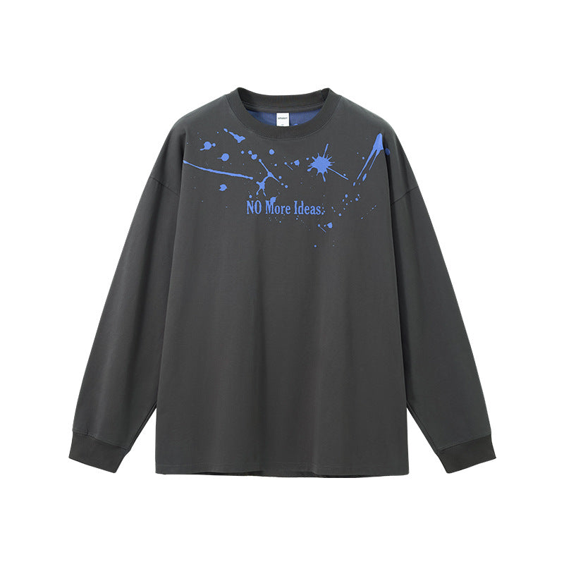 Gray "NO More Ideas" long sleeve graphic t-shirt front view